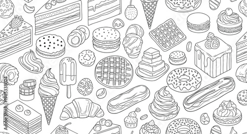 Comprehensive seamless line art pattern featuring a wide variety of bakery items such as cakes donuts croissants and waffles.