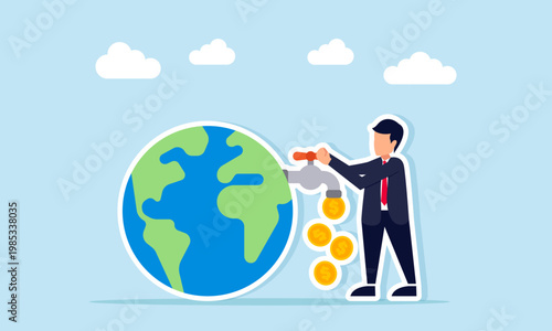 Businessman opening faucet connected to globe releasing dollar coins illustration of profit from natural resource exploitation