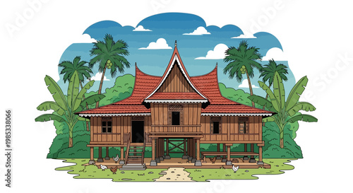 Traditional Malay House on Stilts, Tropical Island Architecture