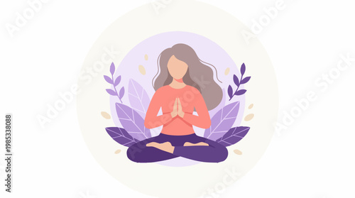 Mindful woman meditating in lotus pose surrounded by leaves, flat design.