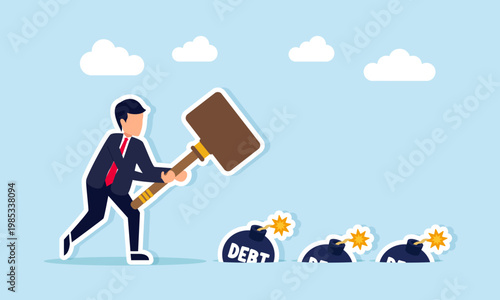 Businessman preparing to hit debt bombs emerging from a hole illustration of effort to pay off business debt