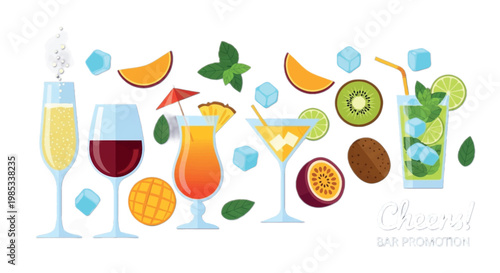 Cocktail, drink, glass, fruit, vector icons, set of 6, colorful, flat design, beverage, bar, restaurant, menu