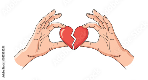 Symbolic illustration depicts two human hands carefully holding and joining together the two pieces of a broken red heart.