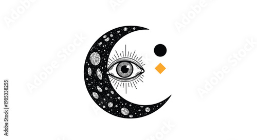Mystical celestial illustration features a detailed crescent moon with a central eye surrounded by stars and textures.