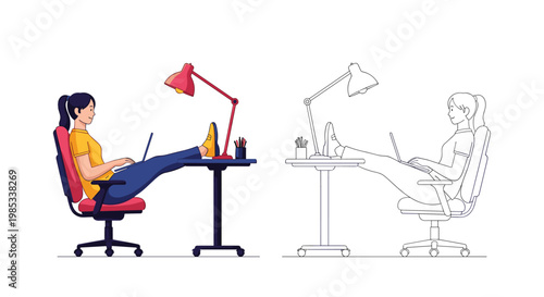Modern illustration shows a young woman working on her laptop at a desk with her feet up in both color and line art.
