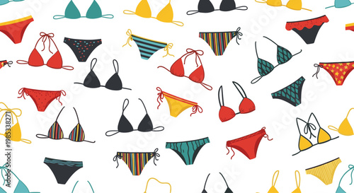 Colorful seamless pattern features a variety of stylish bikini tops and bottom swimsuits in different patterns and hues.