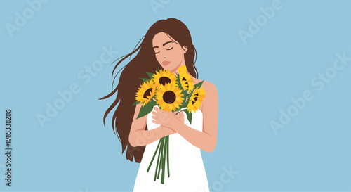 Beautiful young woman with long flowing hair holds a large bouquet of bright yellow sunflowers against a blue sky.