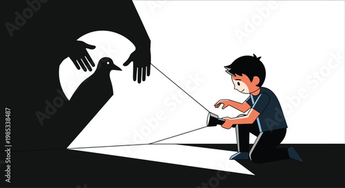 Child controlling pigeon puppet with shadow play and strings