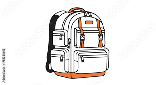 Modern white backpack with vibrant orange straps and multiple pockets is shown in a clean flat illustration style.