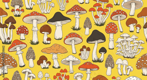 Vintage style seamless pattern features an extensive variety of hand drawn mushrooms and fungi on a bright yellow background.
