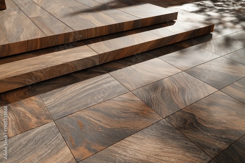 Tiles made of polished wood create a sophisticated flooring pattern on an outdoor terrace, where natural light and leaf shadows play across the textured surface.