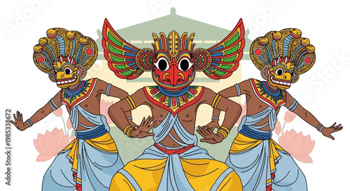 Traditional Sri Lankan Dancers in Elaborate Masks and Costumes