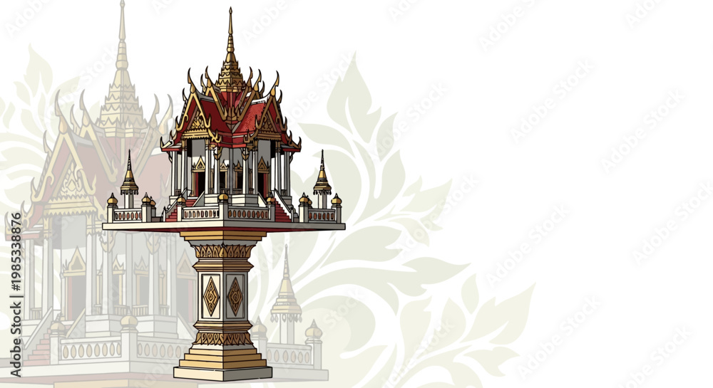 Obraz premium Traditional Thai Spirit House: Ornate Shrine with Intricate Architecture and Decorative Elements