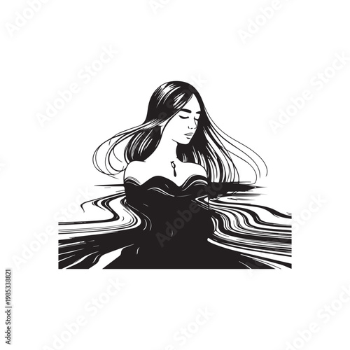 Minimalist Black Silhouette Of Queen With Long Hair Rising From Rippling Water.