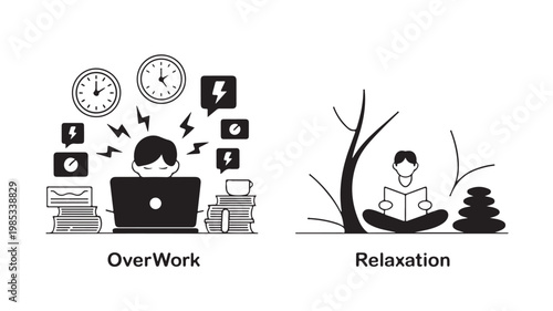 Businessperson experiencing Overwork and Relaxation concepts for work-life balance illustrations
