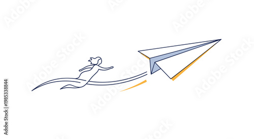 Inspiring minimalist line art depicts a young woman in a dress flying through the air next to a large paper airplane.