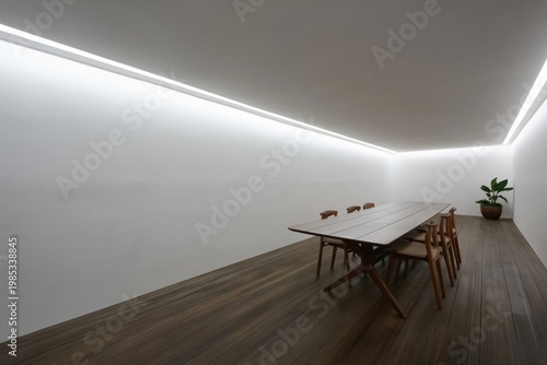 Conference room features a long wooden table surrounded by chairs in a minimalist office setting, illuminated by sleek linear ceiling lights that create a professional workspace.