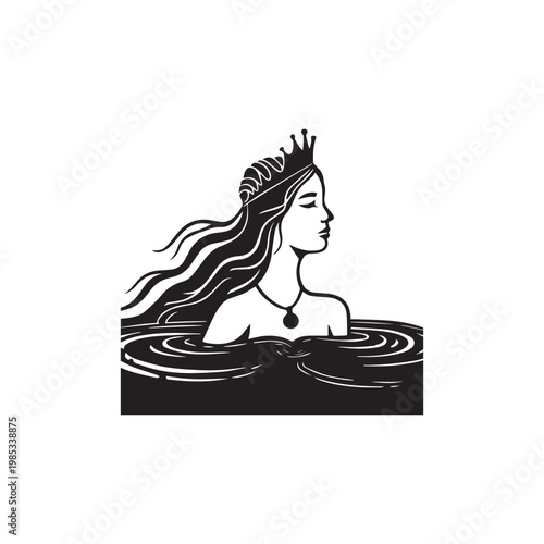 Minimalist Black Silhouette Of Queen With Long Hair Rising From Rippling Water.