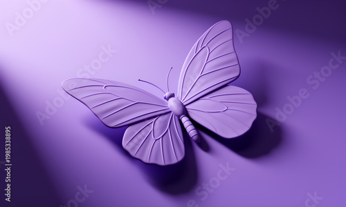 Elegant 3D purple butterfly sculpture casting a shadow with soft light