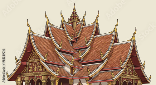 Traditional Thai Temple Roof Architecture, Ornate Golden Details, Southeast Asian Culture