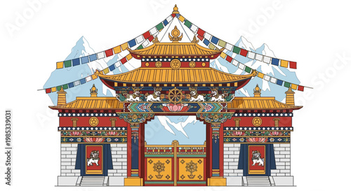 Traditional Tibetan Gate with Prayer Flags and Mountains