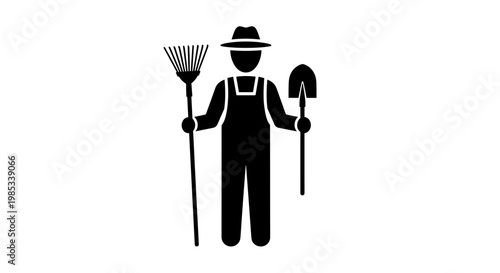 Farmer Holding Rake and Hoe.