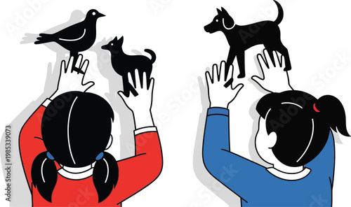 Children playing shadow puppets with dog and bird figures on a white background
