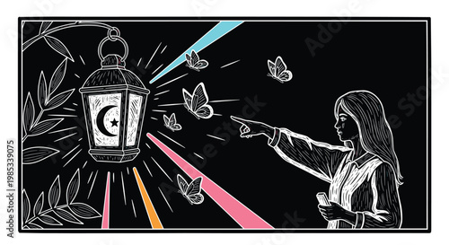 Enchanting illustration features a woman pointing towards a moon themed lantern with butterflies flying in the dark.