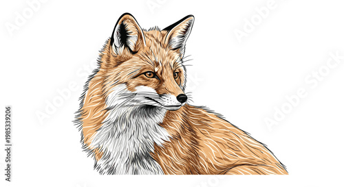Beautifully rendered illustration of a red fox highlights its thick orange fur and intelligent gaze as it looks back over its shoulder in the wild.