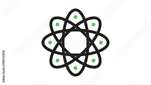Black and green depiction of an atomic structure with electron orbits Vector