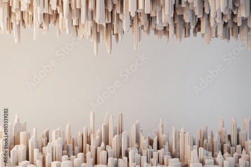 Cityscape skyline composed of abstract white geometric pillars creates a vertical urban structure that frames a central empty area for professional branding and creative marketing presentations.