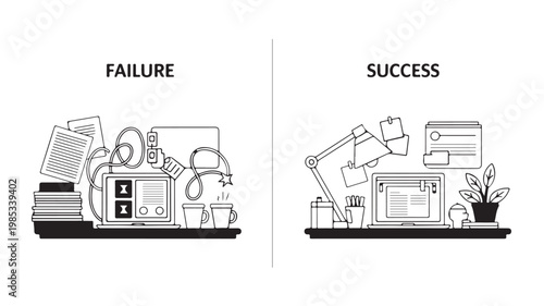Cluttered Workspace Failure Vs Organized Desk Success For Productivity Concepts