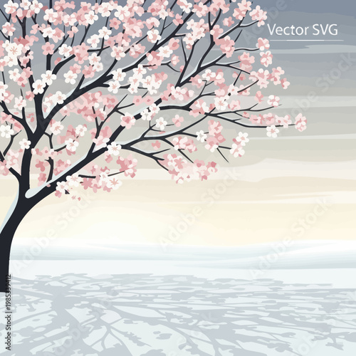 Cherry Blossom Tree in Snow, Spring Winter Contrast, Delicate Pink Flowers, Vector Art