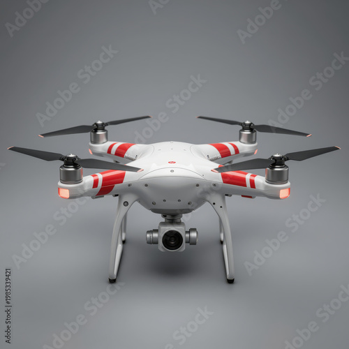 White and Red Quadcopter Drone with Camera on Gray Background