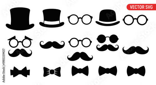 Gentleman Icons: Top Hats, Bow Ties, Mustaches, and Glasses Vector Set