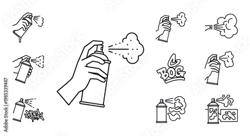 Graffiti Spray Can Icons: Hand Spraying Paint, Street Art Elements, Urban Style