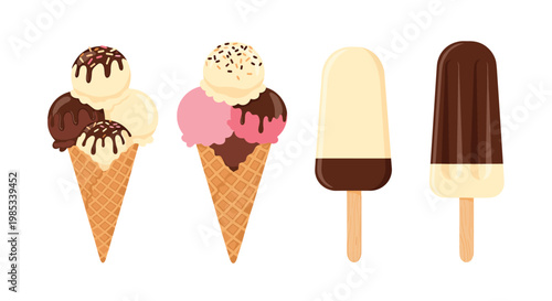 Delicious variety of ice cream treats including chocolate-dipped popsicles and multi-scoop waffle cones is arranged neatly on a white background.