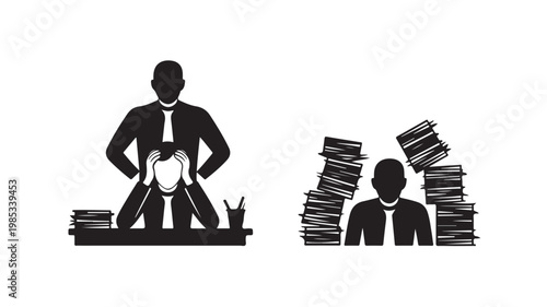 Overworked Businessman And Employee With Piles Of Papers For Office Workload Concepts