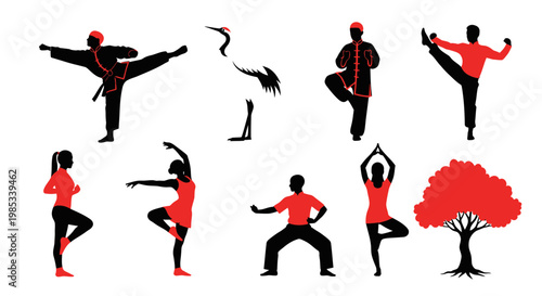 Martial Arts, Yoga, and Dance Silhouettes with Crane and Tree