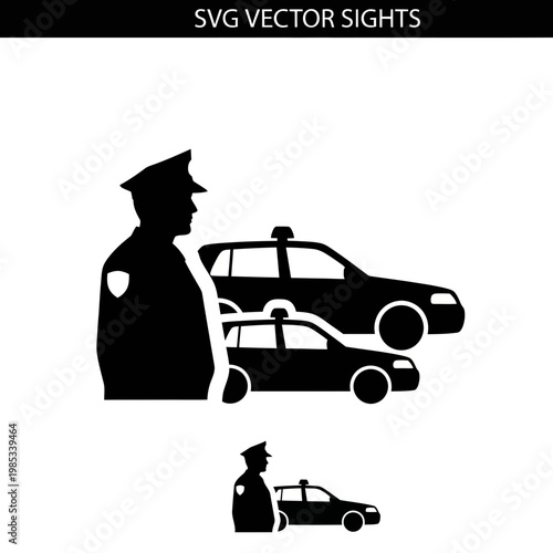 Police Officer Silhouette with Patrol Cars, Law Enforcement Icon