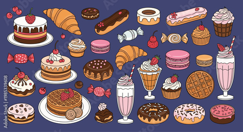 Extensive collection of illustrated sweet treats includes delicious donuts, cupcakes, macarons, eclairs, and milkshakes on a deep blue background.