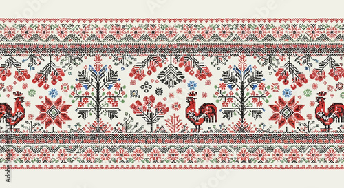 Traditional Ukrainian Embroidery: Roosters and Floral Motifs