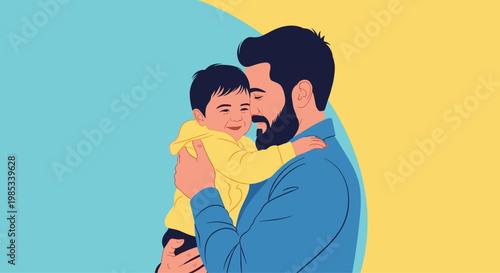 Heartwarming illustration of a bearded father tenderly embracing his smiling young son against a simple blue and yellow circular background design.