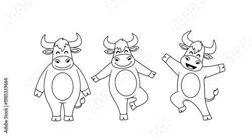 Set of three adorable cartoon bulls or cows is shown in different happy and energetic poses, making them perfect for fun and playful designs.