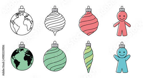 Collection of eight colorful Christmas tree ornaments in different shapes and styles, including globes and a gingerbread man, is shown in rows.