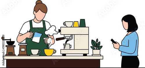 Barista making latte art at coffee shop, customer waiting with phone