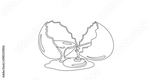 Broken egg with yolk and white spilling out in a continuous line drawing.