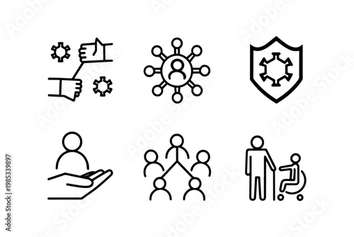 Social responsibility icon set: appreciation networking safety support team hierarchy accessibility with thumbs up giving hand appreciation thumbs up teamwork networking connections