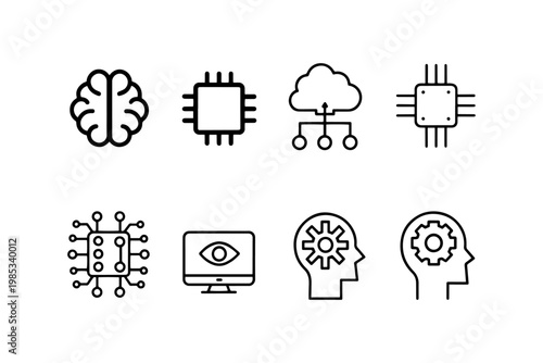 Collection of 8 outline icons related to artificial intelligence technology computing with machine learning outline art technology computer communication connection processing