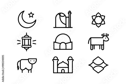 Islamic icons for ramadan and eid celebrations with crescent religious geometric collection illustration symbolic cultural iconography celebration sacrifice architecture